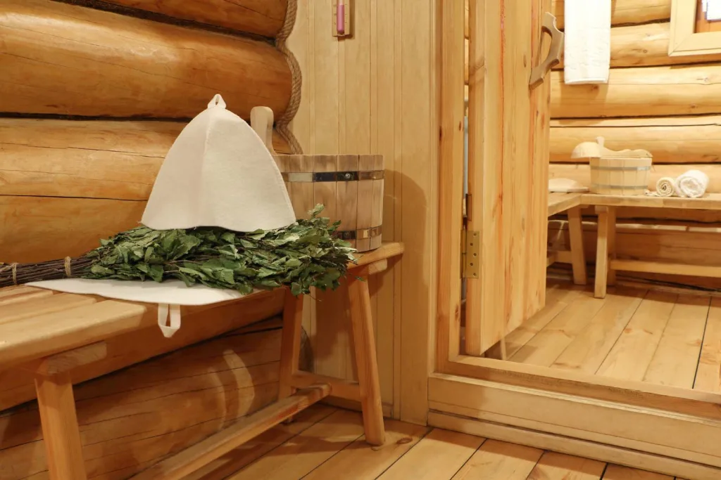 Sweat bathing accessories in the interior of the Russian banya
